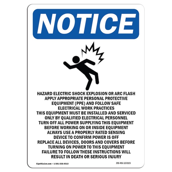 Safety Sign, OSHA Notice, 24" Height, Hazard Electric Shock Sign With Symbol, Portrait